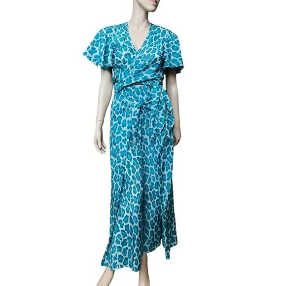 Diane von Furstenberg Green Animal Print Set of Wrap Top and Pants Size XS